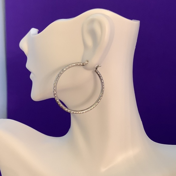 Sterling Silver Textured Hoops 925 - Picture 3 of 9